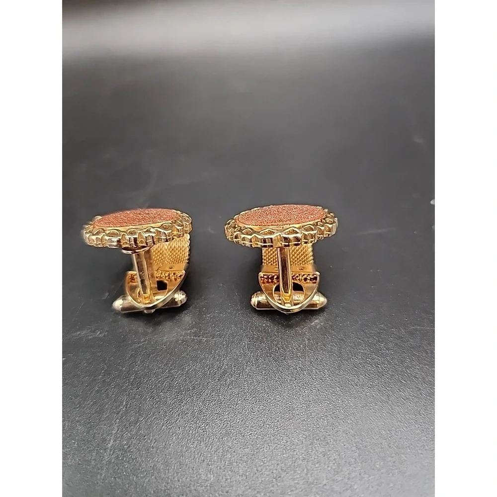 Vintage Oval Gemstone Goldstone Mesh Ornate Gold‎ Plated Wrap Around Cuff Links